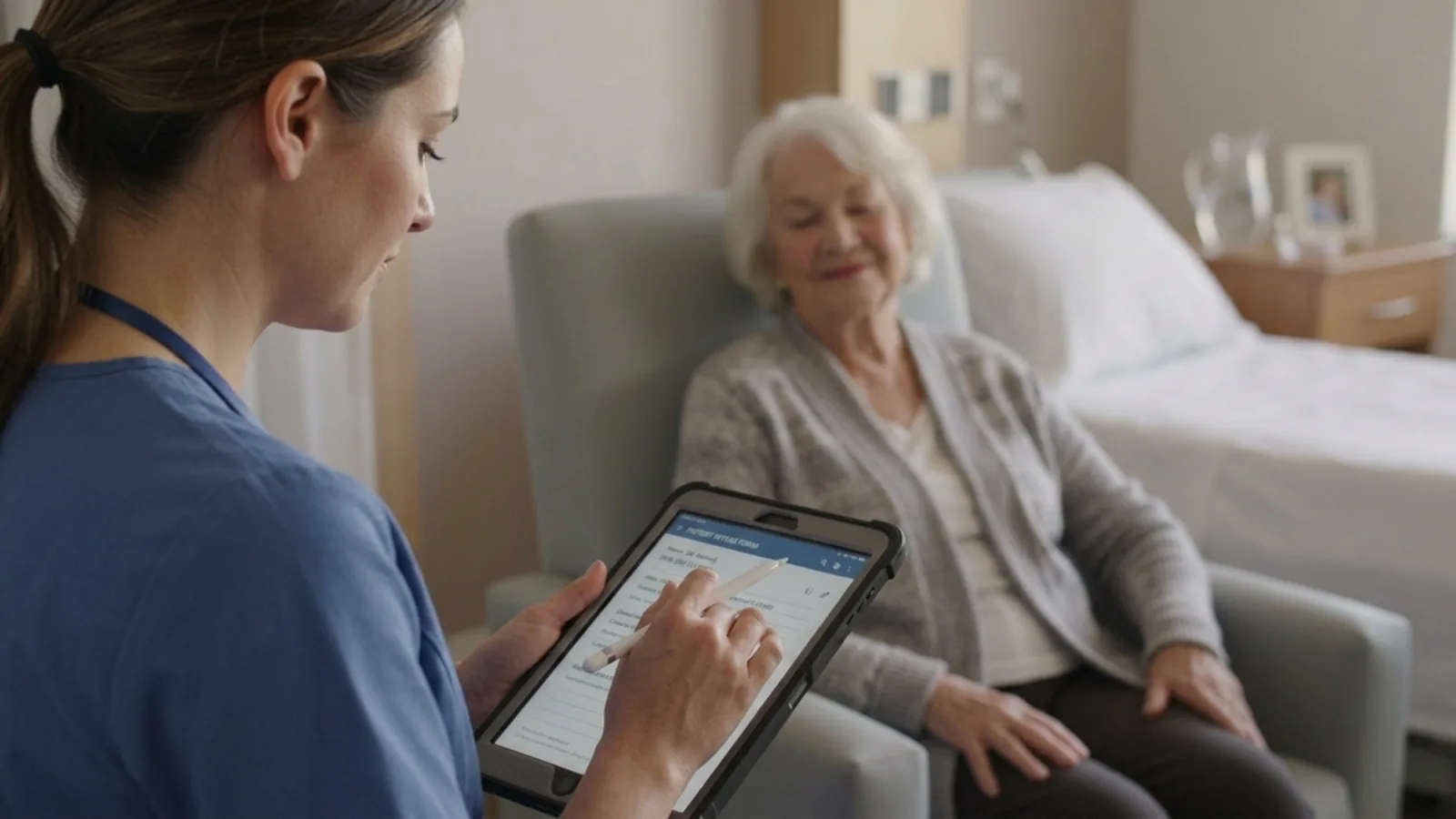 A home health nurse reviewing a patient intake form on a tablet with a smiling elderly patient.
